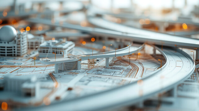 A construction drawing on the background of a model of a multi-level road, an image of the construction of a transport interchange