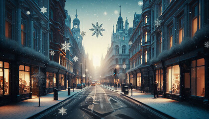 A quiet, snowy city street lined with shops, softly glowing lights, and falling snowflakes, evoking a peaceful winter night