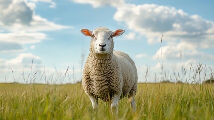 Naklejka premium Cute Sheep Grazing in a Lush Green Meadow with Cloudy Sky