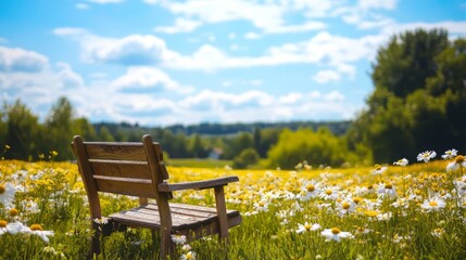 Naklejka premium Peaceful Countryside Landscape with Bench in Blooming Meadow Under Sunny Sky