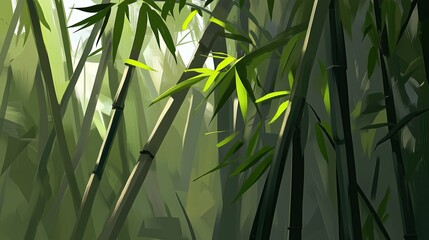 Sunlight shining through dense bamboo forest generated AI