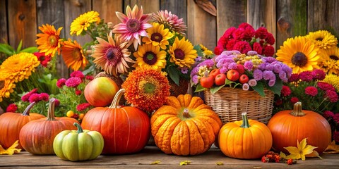 A Festive Display of Autumnal Pumpkins and Blooms in a Rustic Setting