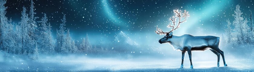 A majestic reindeer stands in a serene snowy landscape under the shimmering northern lights, capturing the essence of winter beauty.