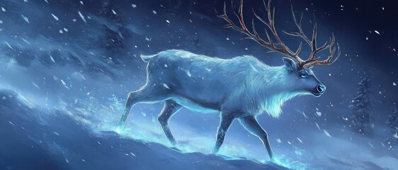 Obraz premium A serene winter scene featuring a majestic reindeer walking through snow under a starlit sky, evoking the spirit of the New Year.