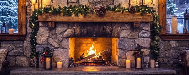Cozy fireplace adorned with greenery and candles, creating a warm and inviting atmosphere for winter gatherings.