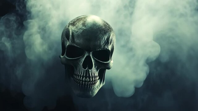 A human skull emerges from a cloud of smoke, creating an eerie image
