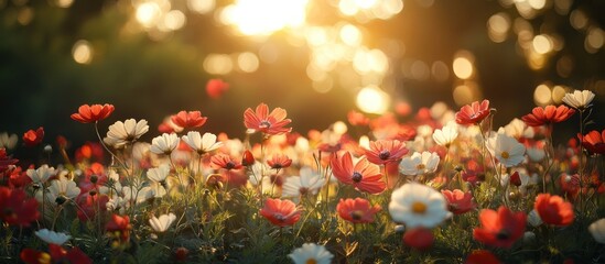 Fototapeta premium Warm sunset light illuminates a field of red and white flowers.