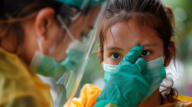 A healthcare professional checks the forehead of a masked girl, emphasizing essential health measures during a diphtheria awareness campaign