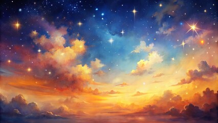 Fototapeta premium A celestial tapestry woven with clouds and stars, where golden hues of sunset meet the midnight blue
