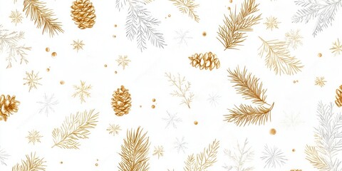 A white background with glittering gold pine branches pattern illustration snowflakes.