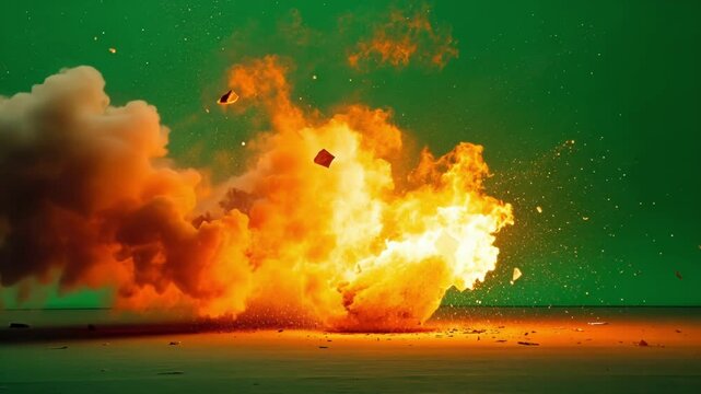 Huge explosion with fire and debris flying captured on green screen background, perfect for visual effects and motion graphics projects