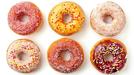 A row of donuts with different colors and sprinkles