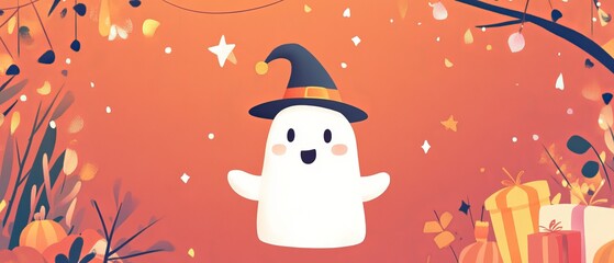 halloween background with pumpkins and ghost