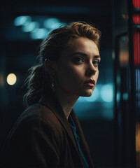 A cinematic portrayal of a young woman standing alone in a dark. The image captures a moment of solitude
