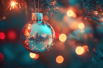 Shiny Christmas ornament hanging on a festive tree with lights