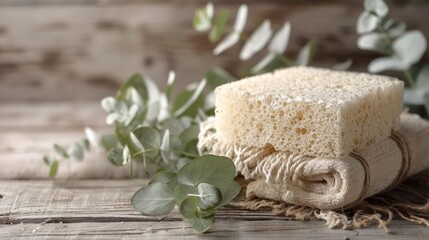 A natural loofah sponge, on a light wooden surface, A sprig of eucalyptus leaves