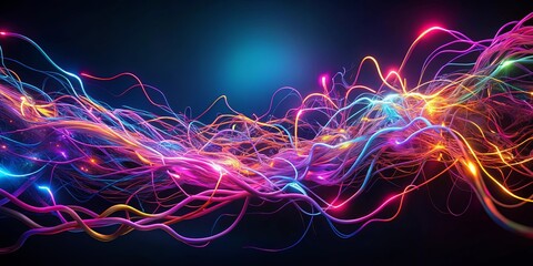 A vibrant abstract composition of interwoven glowing lines, creating a symphony of color and motion in a dark background.