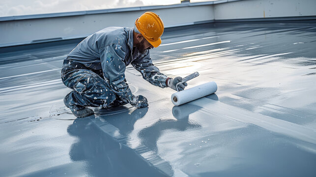 A worker is painting the roof of an industrial building with grey polyurethane paint. On top of it is a roller brush applying a white resin-based sealant.