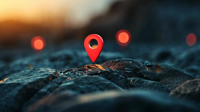 Red location pin on rocky terrain, symbolizing GPS navigation, geolocation, and travel destinations