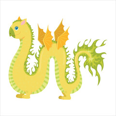 Fototapeta premium Yellow dragon with wings. Cute fairy tale animal. fantasy Character of children's books. Dinosaur. Vector illustration on a white background.