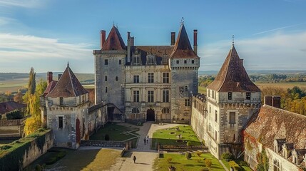 A stunning aerial view of a historic castle with elegant architecture, surrounded by lush landscape under a clear blue sky.