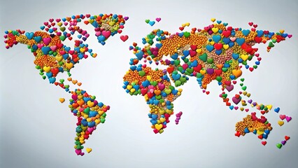Obraz premium A colorful world map made of hearts, a symbol of love, unity, and global connection.