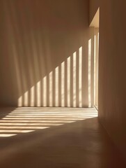 The image shows a minimalist, warm-toned interior space with strong shadows creating geometric patterns