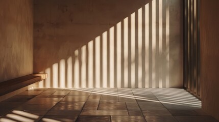 Fototapeta premium The image shows a minimalist, warm-toned interior space with strong shadows creating geometric patterns