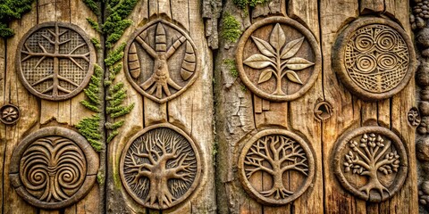 Obraz premium Carved Tree of Life Symbols on Rustic Wooden Surface