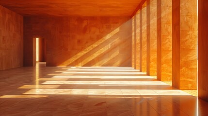 Fototapeta premium The image shows a minimalist, warm-toned interior space with strong shadows creating geometric patterns