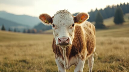 Peaceful and Serene Cow Grazing in Idyllic Mountain Meadow Landscape