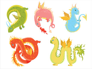 Colored dragons. Set with dragons in cartoon style. Cute fairy tale animal. fantasy Character of children's books. Dinosaur. Vector illustration on a white background.