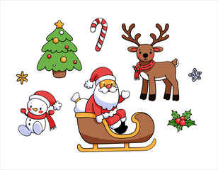 New Year 2025 set of Christmas elements. Santa Claus, deer, Christmas tree, snowman, candy cane, holly.