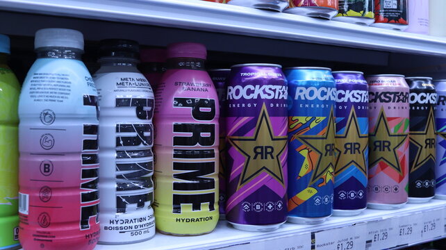 PONTYPRIDD, MID GLAMORGAN, WALES, UK - SEPTEMBER 30, 2024: BRITISH SHOP PRIME HYDRATION ENERGY DRINKS ON SHELVES DISPLAY