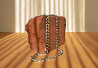 Silver chain on brick. Daylight. Closeup