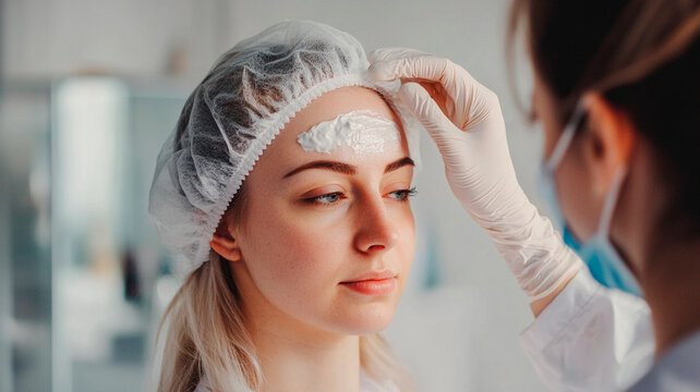 Una mujer rubia con bata m&eacute;dica y redecilla aplica crema facial en la frente del cliente durante un tratamiento facial en un sal&oacute;n de belleza.