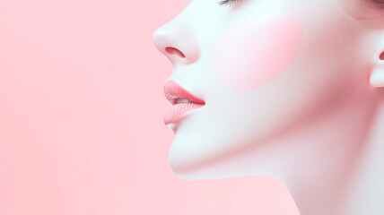 Ilustración de tratamiento médico estético con múltiples signos de puntuación en la cara, fondo plano rosa pastel, al estilo de un anuncio de una clínica de belleza con un diseño simple y minimalista,