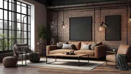 Stylish Interior of a Cozy Living Space Showcasing Red Brick Wall Background and Spacious Brown Sofa, Ideal for Architecture and Interior Design Inspiration