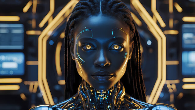 lack female cyborg with fantastical design, glowing circuitry, and advanced tech, merging futuristic innovation and otherworldly fantasy themes. Glowing golden eyes.