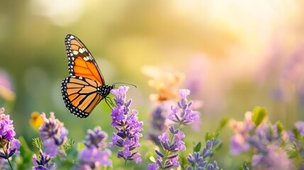 Naklejka premium Monarch Butterfly Perched on Lavender Flowers in Lush Garden