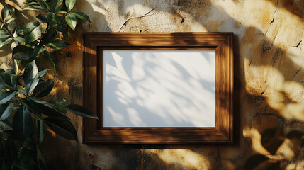 Rustic Wooden Frame On Textured Wall With Shadows And Foliage