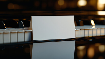 Minimalistic White Card Displayed On A Grand Piano Keys With Warm Lighting Reflection