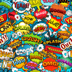 Colorful comics seamless pattern with speech bubbles. Retro background mock-up. Vector illustration

