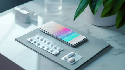 A smartphone displays a colorful interface next to various medication packs on a smooth gray surface. A green plant adds a touch of nature, enhancing the tranquil atmosphere of the setting.