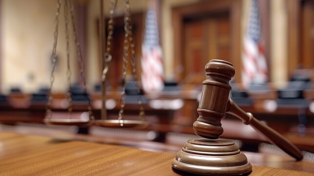 A courtroom scene with a judge, symbolizing the judicial branch of government