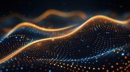 Abstract Background of glowing orange and blue particles forming digital waves on black background. Futuristic and technological concept.