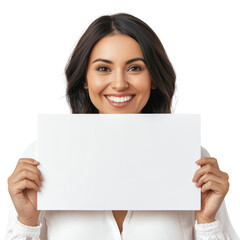 Naklejka premium Smiling woman holding blank sign, white isolated background transparent background
