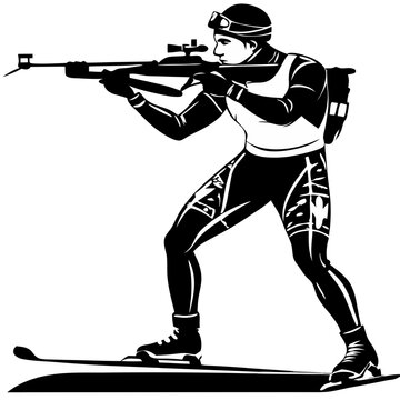 recommend clip art: Biathlete in Action:  A powerful silhouette of a biathlete in mid-shot, showcasing their focus, skill, and athleticism on the snowy course.