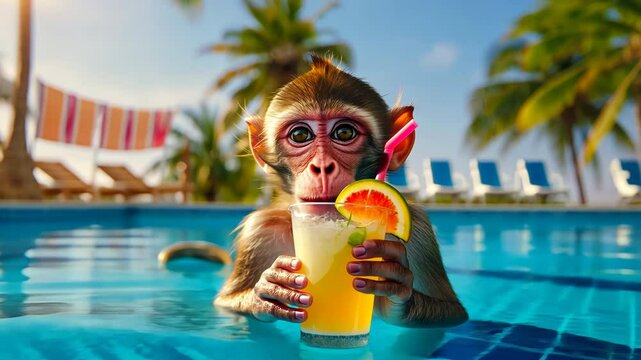 Playful monkey relaxing in a tropical pool with a fruity cocktail, enjoying a sunny vacation getaway