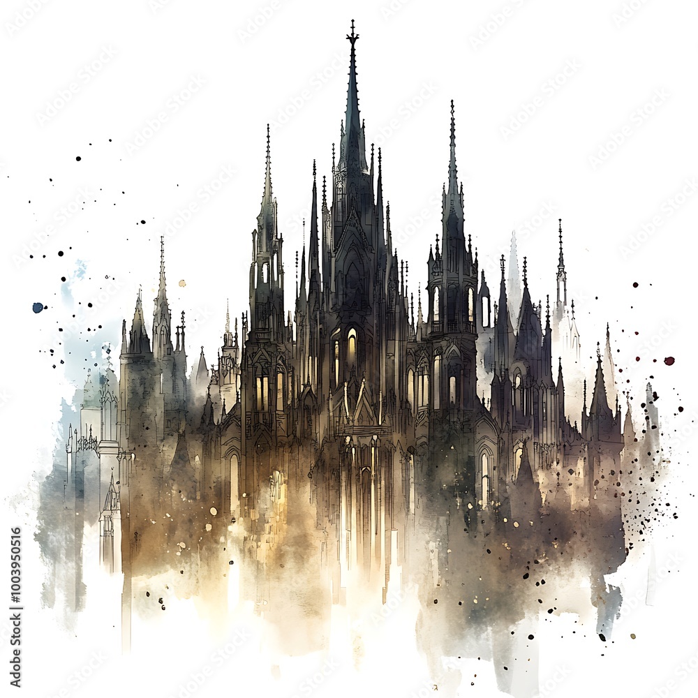 Poster Watercolor Illustration of a Gothic Cathedral with Splashes of Color.